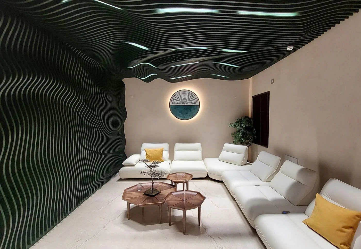 Flowing parametric fins across the wall and ceiling at Aparna One